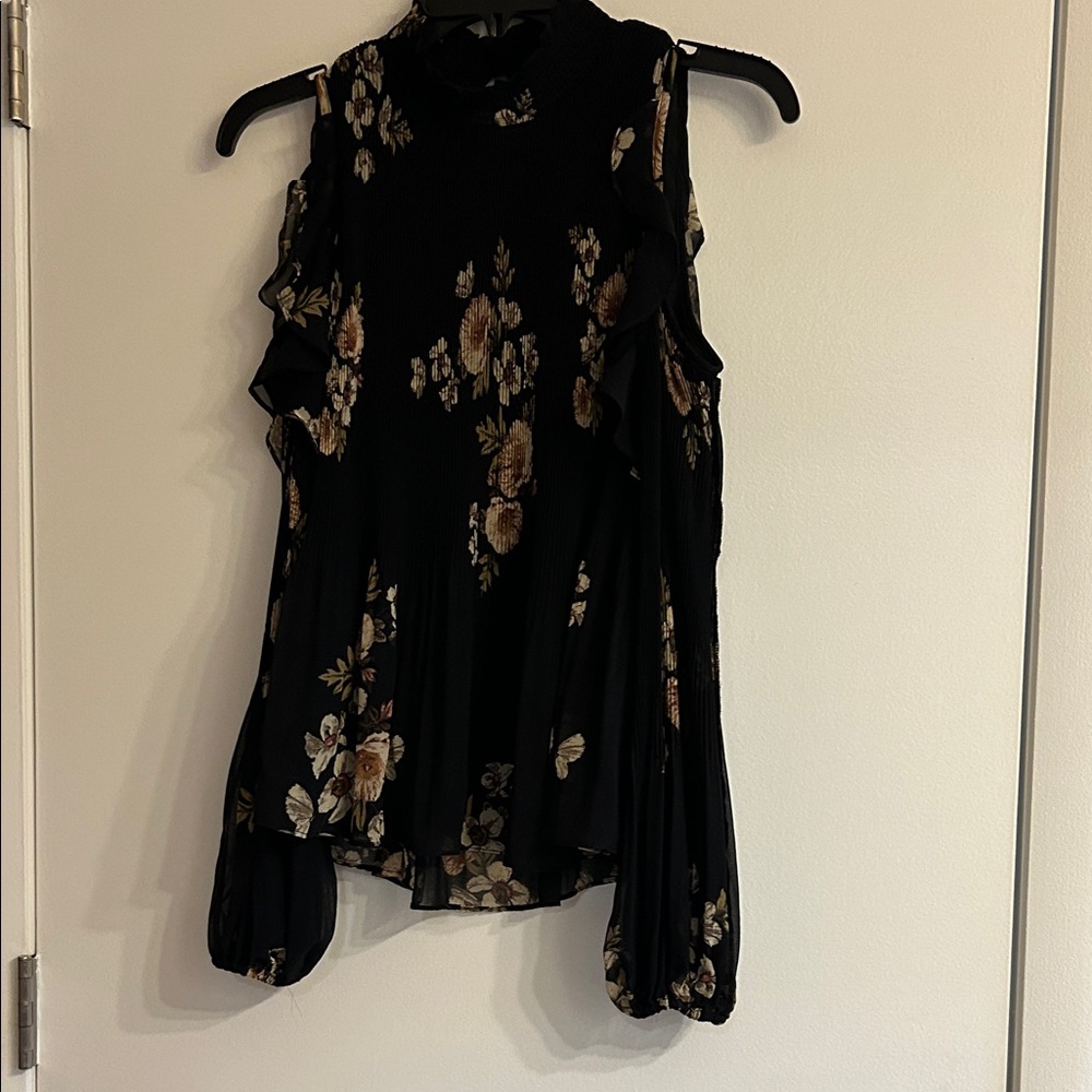 ASTR Black Floral Cold-Shoulder Ruffle Blouse